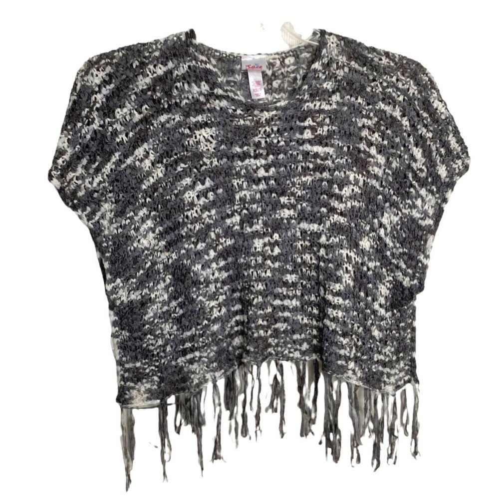 Justice Girls XS/S Black White Marled Open Knit Fringe Poncho Sweater Top Boho